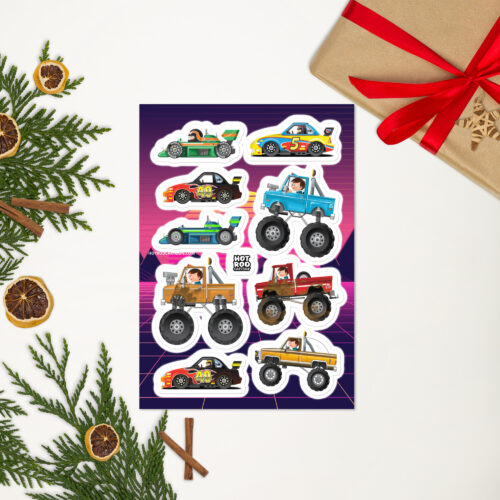 Cartoon vehicles sticker sheet for kids. Cute vehicle stickers for children.