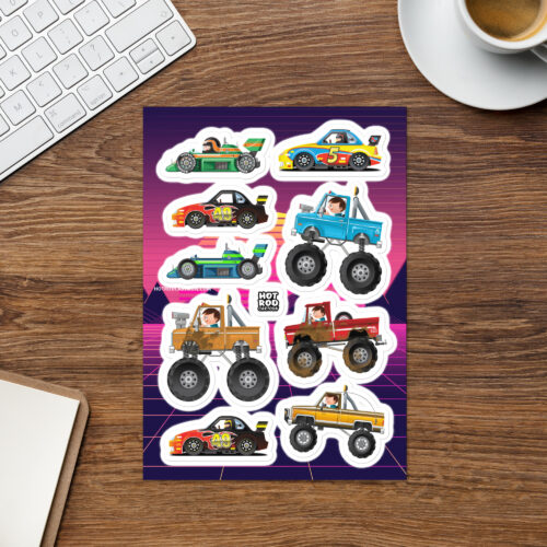 Cartoon vehicles sticker sheet for kids. Cute vehicle stickers for children.